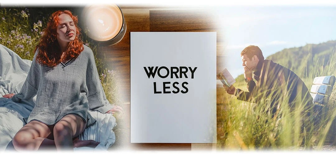 a woman meditating with a sign that says worry less