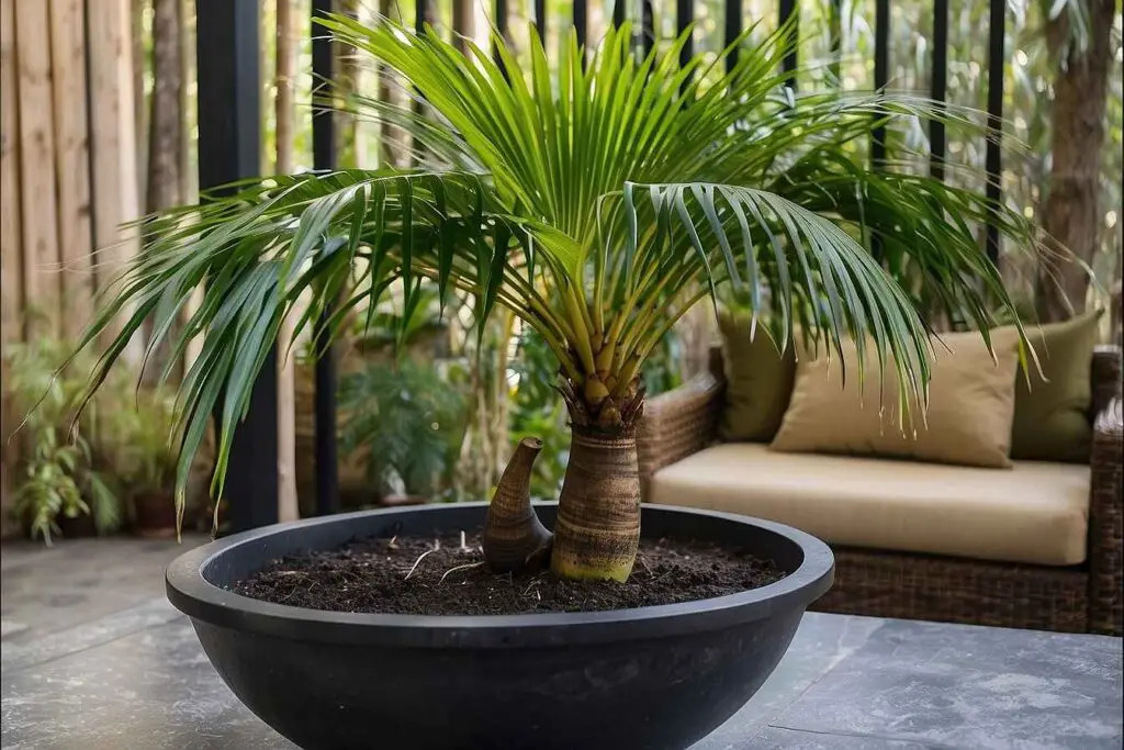 Small majesty palm in black pot on patio with seating