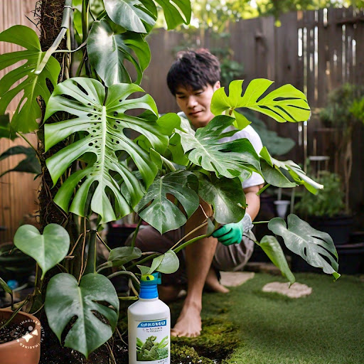 A man fertilizing Thai  Constellation Monstera