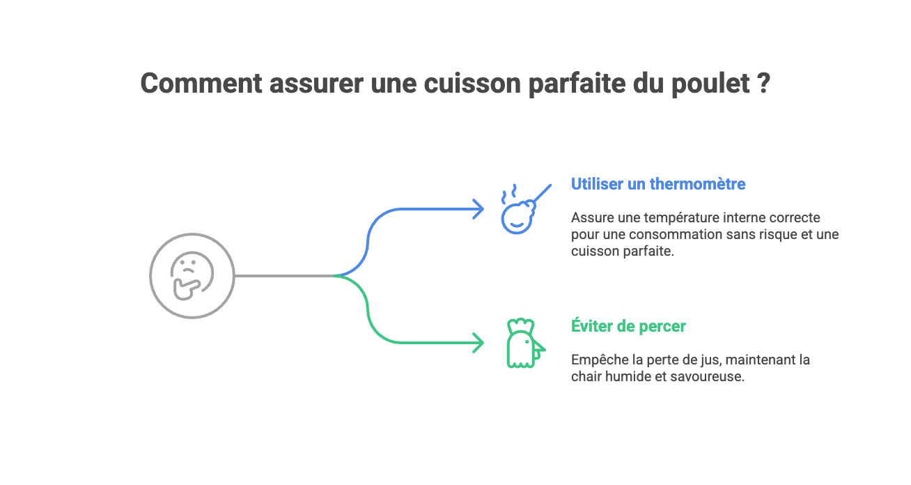 Conseils pour une cuisson parfaite du poulet incluant l'utilisation d'un thermomètre et l'importance de ne pas percer la viande pour préserver les jus.