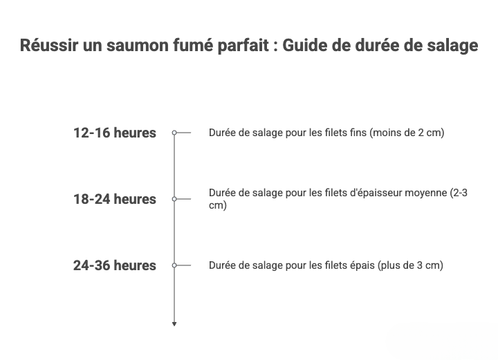 Infografica che spiega il tempo di salatura ideale per il salmone affumicato in casa a seconda dello spessore del filetto: meno di 2 cm (da 12 a 16 h), da 2 a 3 cm (da 18 a 24 h), più di 3 cm (da 24 a 36 h).