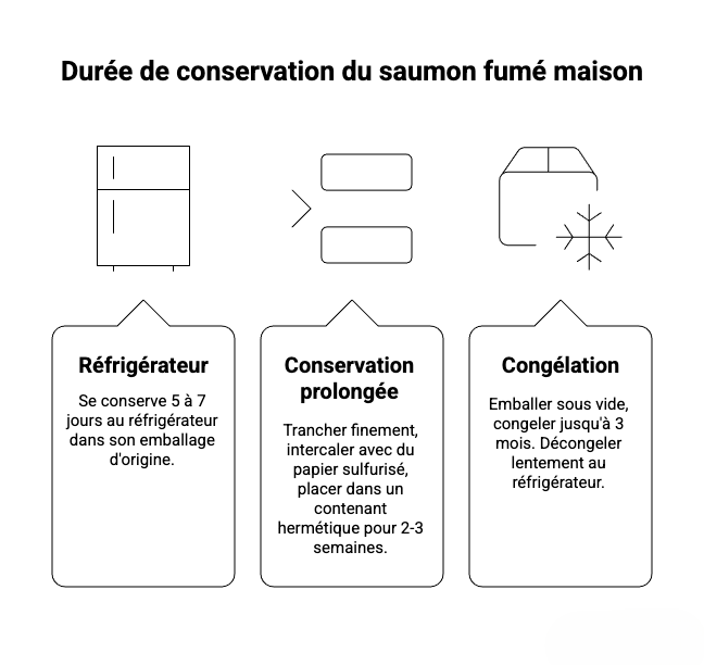 Infografica sulla durata di conservazione del salmone affumicato in casa: da 5 a 7 giorni in frigorifero, da 2 a 3 settimane con fette separate da carta oleata, fino a 3 mesi in congelatore con confezione sottovuoto.
