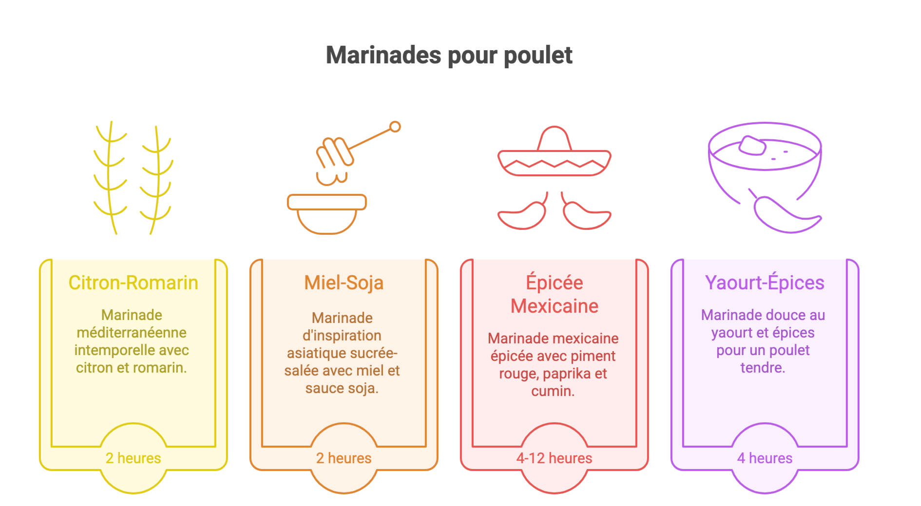 Infographie présentant 4 recettes de poulet mariné pour barbecue : classique citron-romarin, asiatique au miel et sauce soja, épicée mexicaine et douce au yaourt et épices