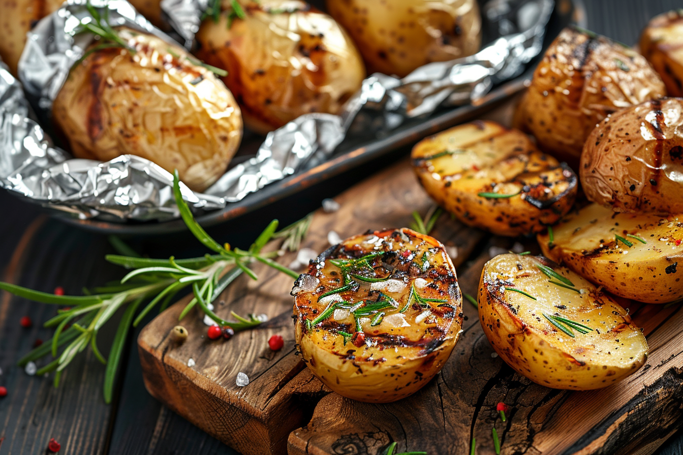 Pommes de terre dorées grillées au barbecue, assaisonnées de romarin frais, poivre et sel de mer.
