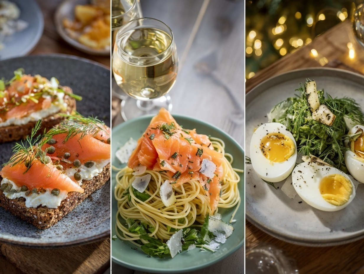 Un trittico culinario con tre ricette a base di salmone affumicato: toast su pane di segale, pasta al dente con salsa cremosa al limone e aneto e insalata tiepida di patate novelle con salmone affumicato e uova alla coque.