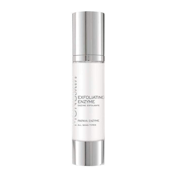 Product image of monuskin exfoliating enzyme bottle with silver lid