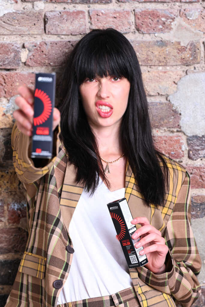Indola model with jet black hair