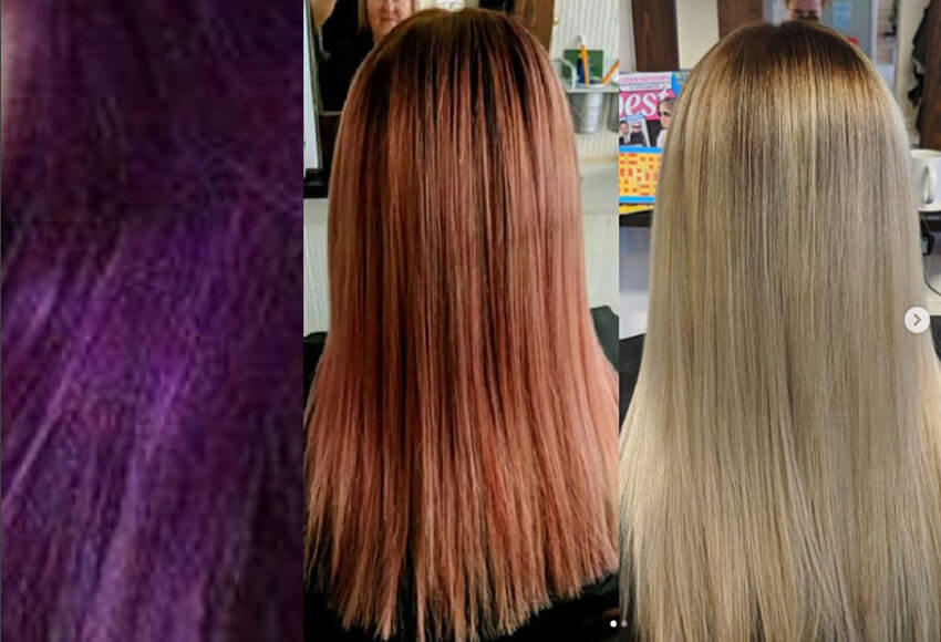 Purple hair with colour removed by Zalon Pro London before and after