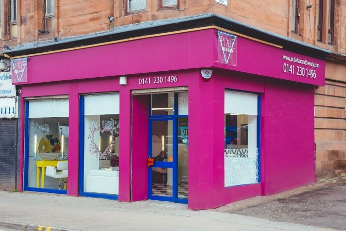 Pixie Hair & Beauty Salon Glasgow pink shop exterior
