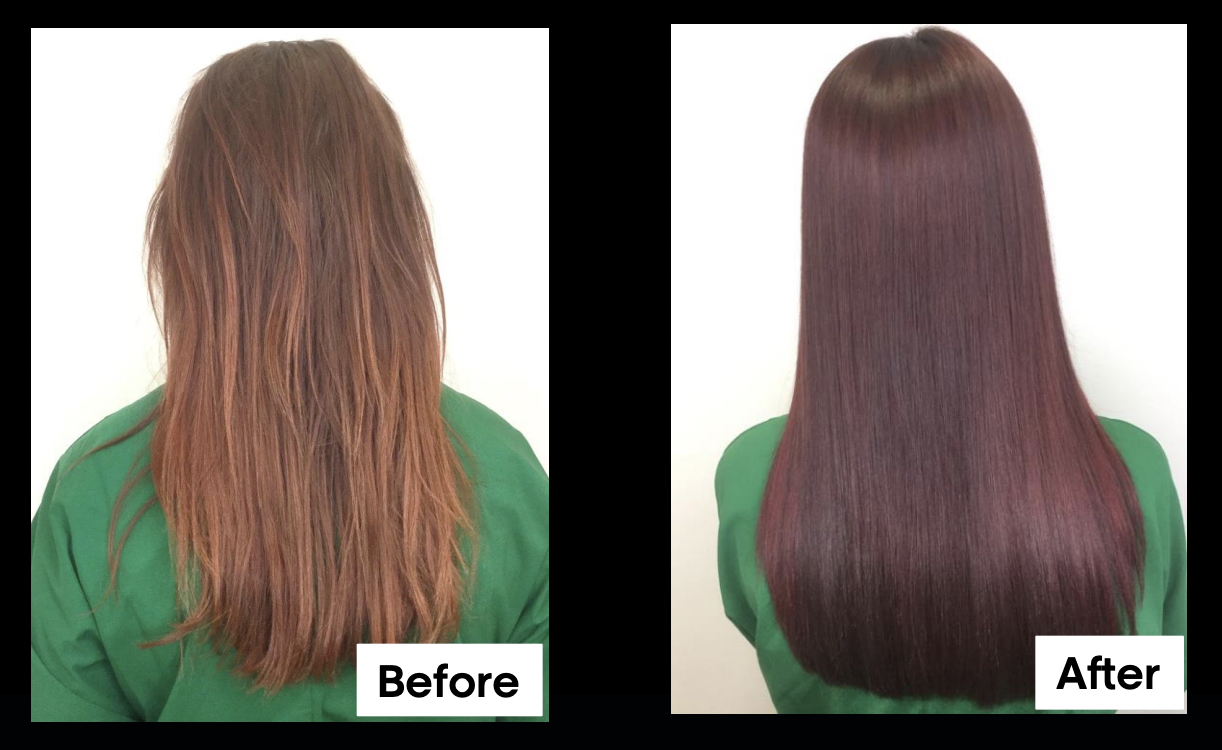 Image of before and after headshots from behind showing auburn hair and a burgundy red hair.
