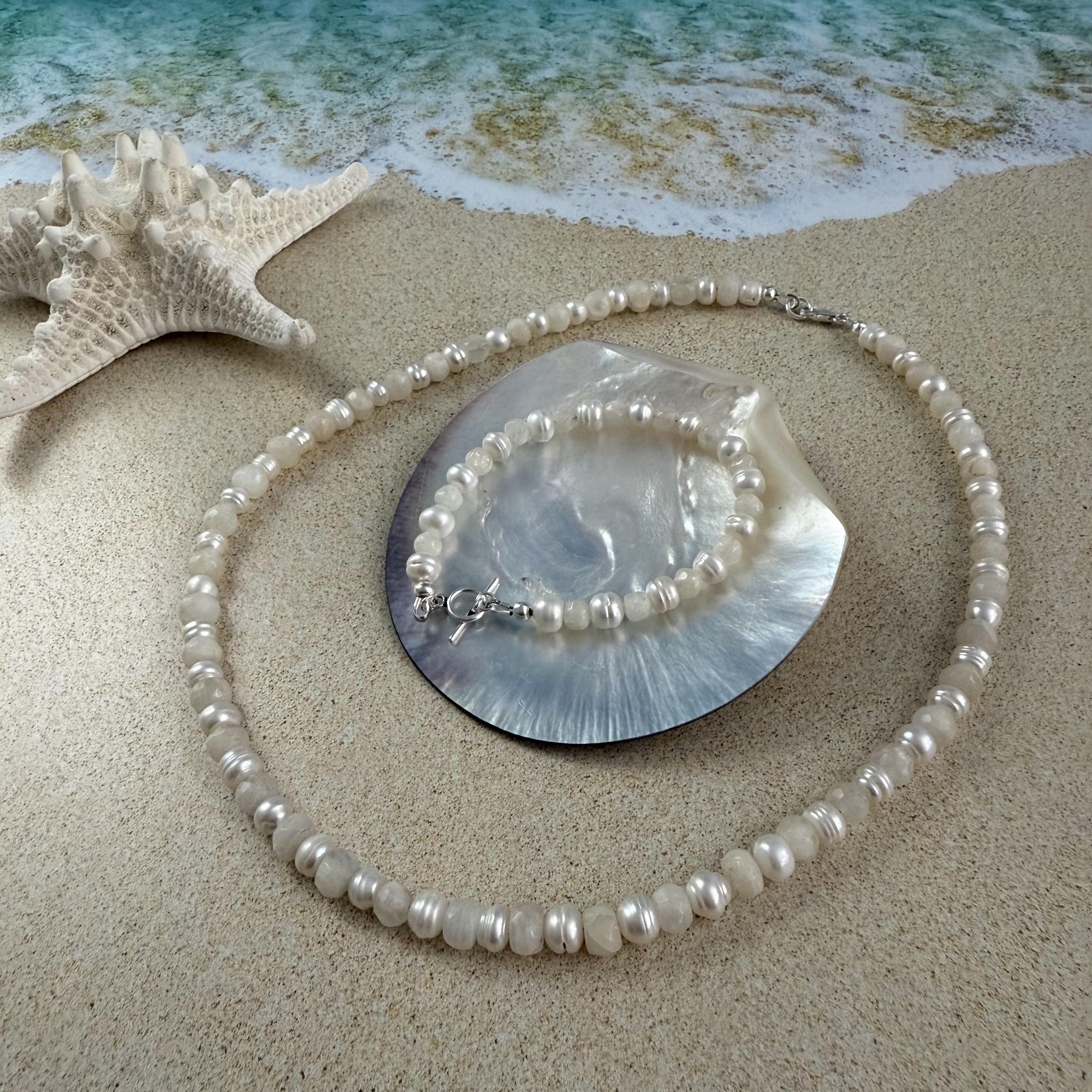 Moonstone & pearl necklace and bracelet pair