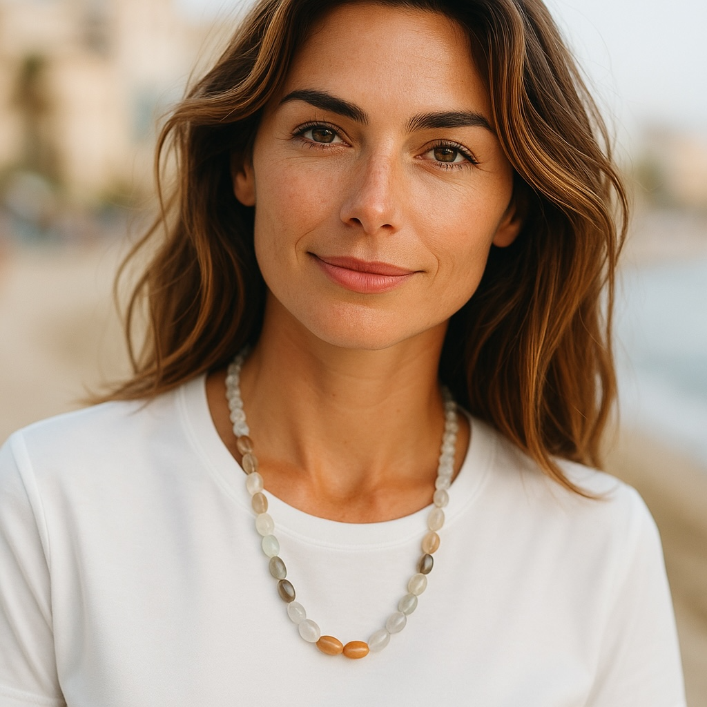 Woman wearing moonstone necklace