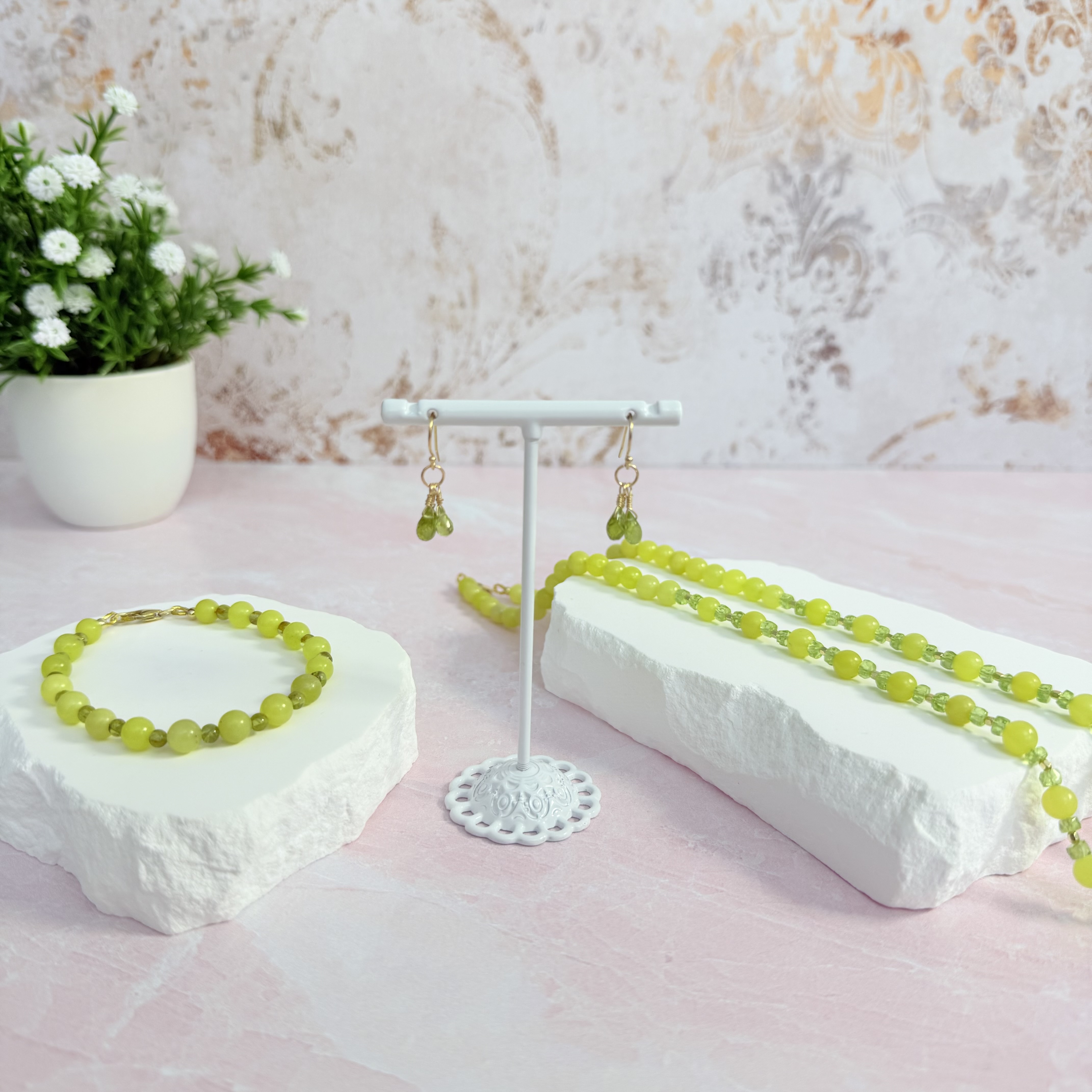 Peridot necklace earrings and bracelet