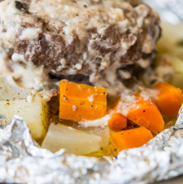 Hobo Dinner with Beef, Potatoes, Onions, Carrots, and Creamy Sauce