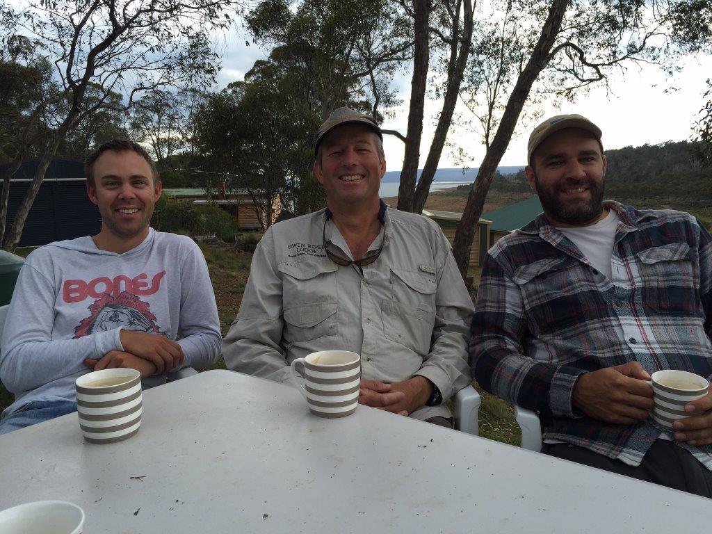 The FlyStream team - Andrew Fuller, me and Andrew Marsic - recovering with a Monday morning coffee. That's the Great Lake in the background.