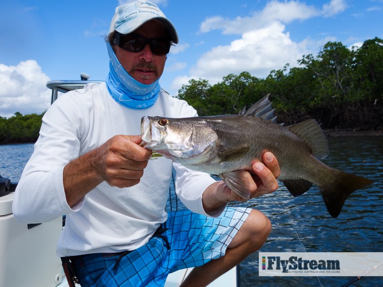 Dave with an acrobatic Hinchinbrook Barra.