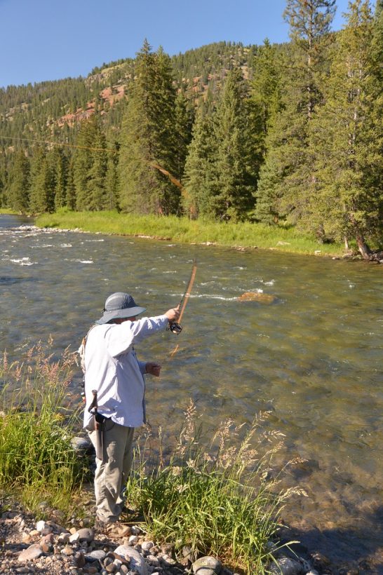 On true left bank, casting up and across with a tilted-in (offside) cast.