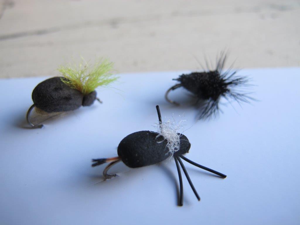 A selection of flies that work. I don't find exact pattern is all that important, but effective flies must float like a real beetle - heavily hackled flies float too high.