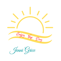 yellow sun that says enjoy the day in a yellow banner signed Jenni Grice the author